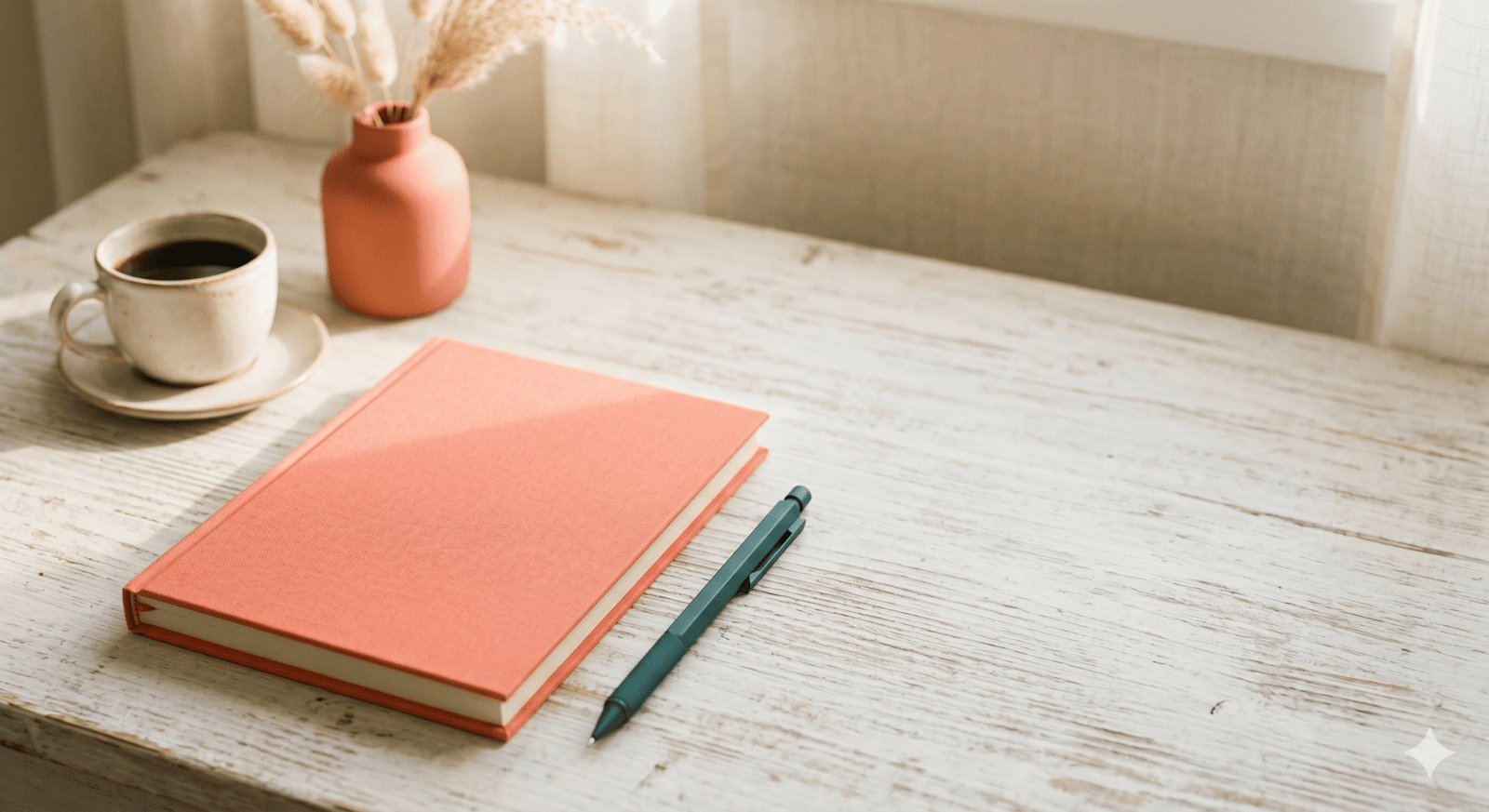 Cuaderno coral y pluma teal sobre mesa de madera blanqueada