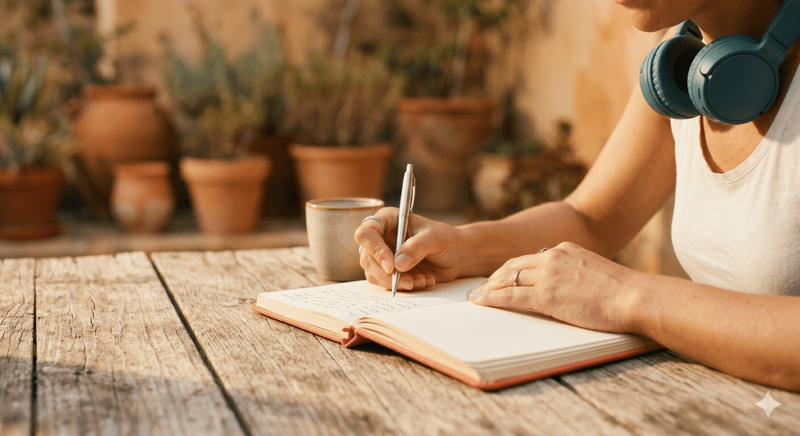Person listening with headphones and taking notes in a workbook