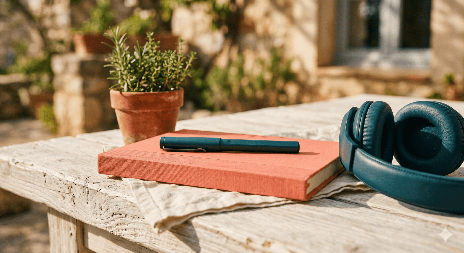 Closed coral workbook with teal headphones in a Mediterranean courtyard