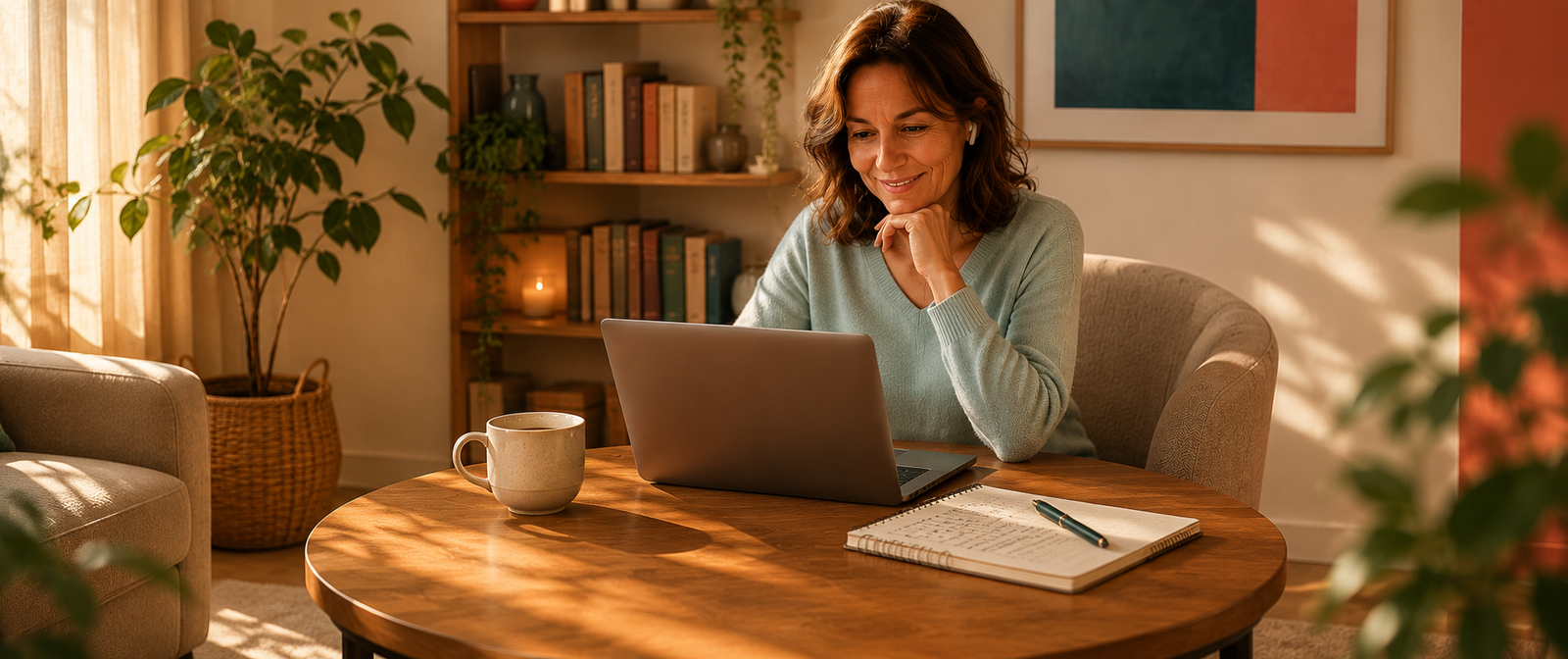Woman at home on laptop participating in the Curious Minds Club