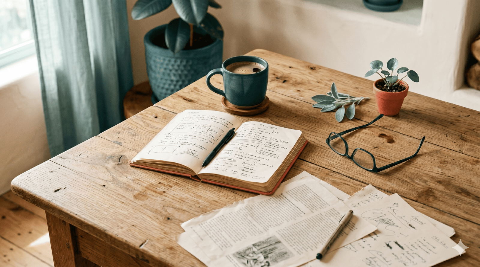 Desk with notebook, coffee, and notes