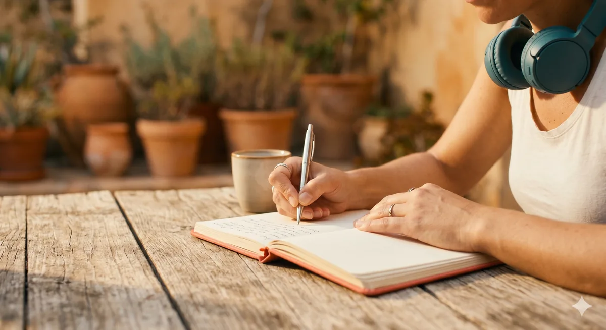 A Spanish learner wearing headphones and taking notes in a workbook
